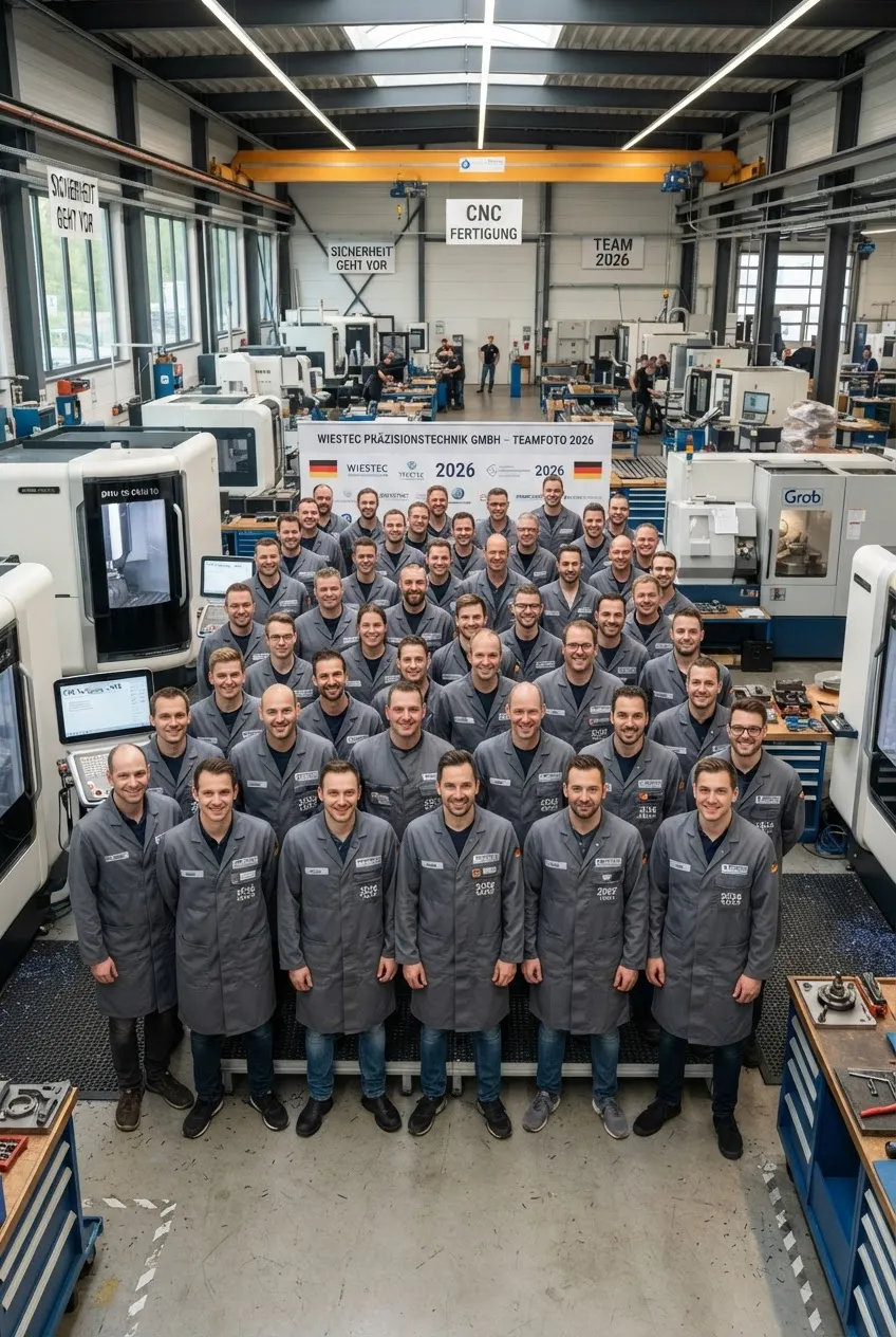 Das Schraml-Team in Arbeitsjacken in der Fertigungshalle zwischen CNC-Maschinen