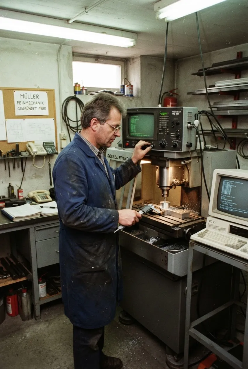 Metallbearbeitung an einer Fräsmaschine in der Werkstatt der Anfangsjahre